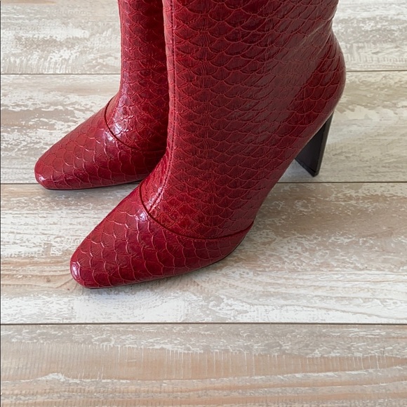 Red Patent Leather Square Toe High Heel Boots - Picture 11 of 13